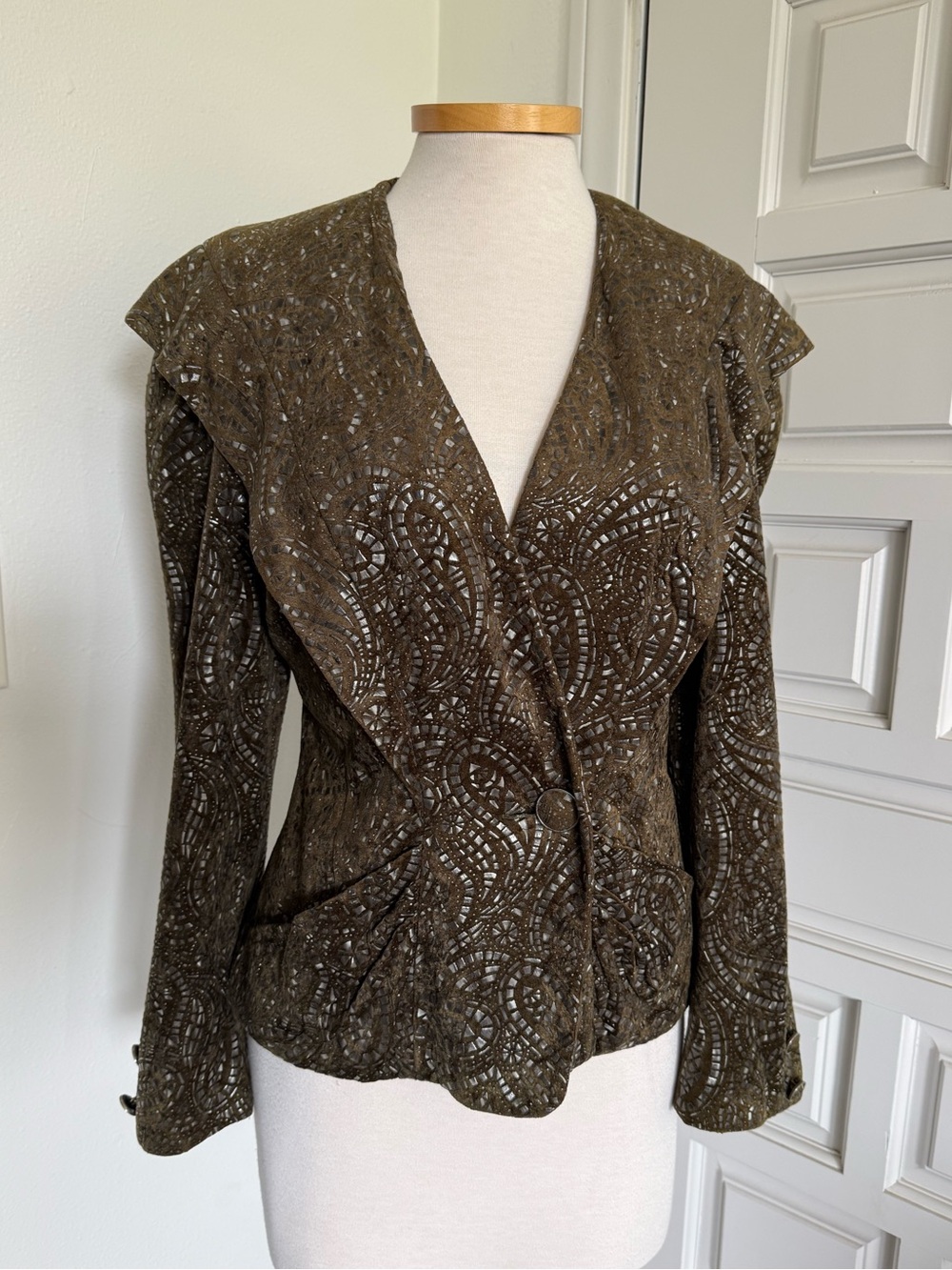 Alice + Olivia Olive Green Brown Jacket Faux Suede Metallic Unique Blazer Medium